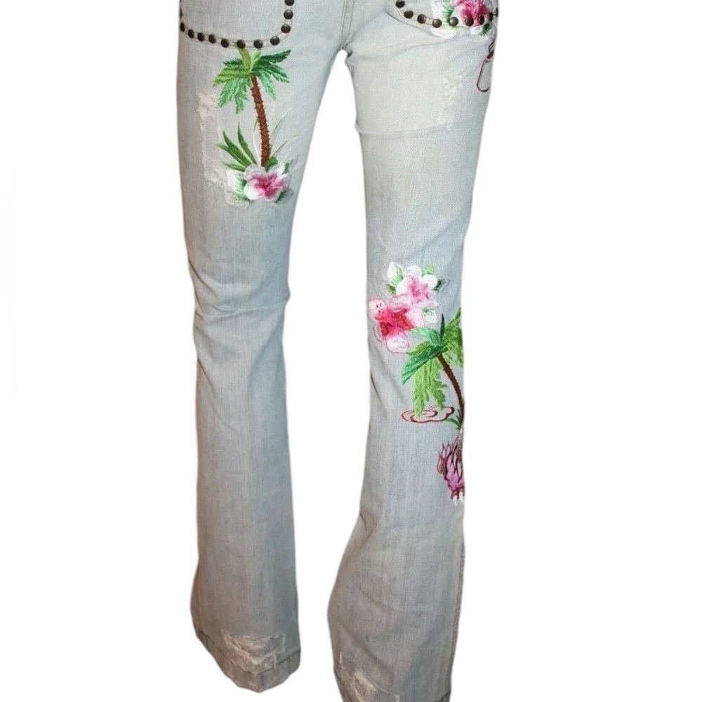 Dolce & Gabbana size 12 wide leg jeans distressed studded floral embroidery